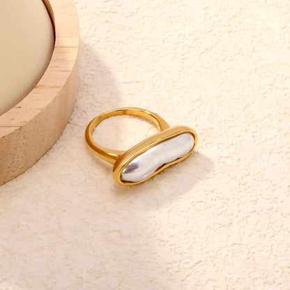 Minimalist Long Pearl Ring 304L Stainless Steel Gold Plated 5.4g