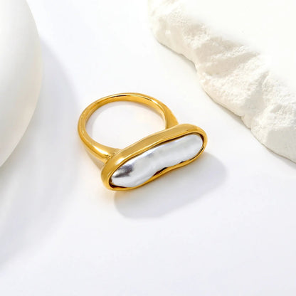 Minimalist Long Pearl Ring 304L Stainless Steel Gold Plated 5.4g