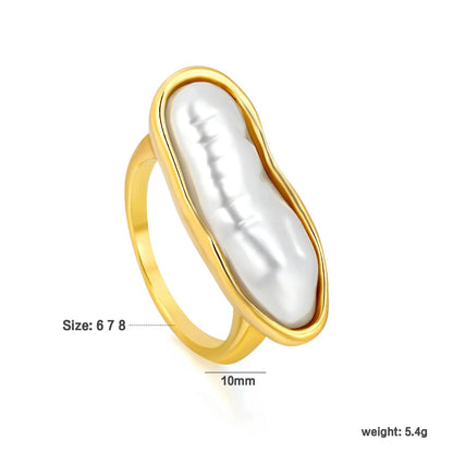 Minimalist Long Pearl Ring 304L Stainless Steel Gold Plated 5.4g