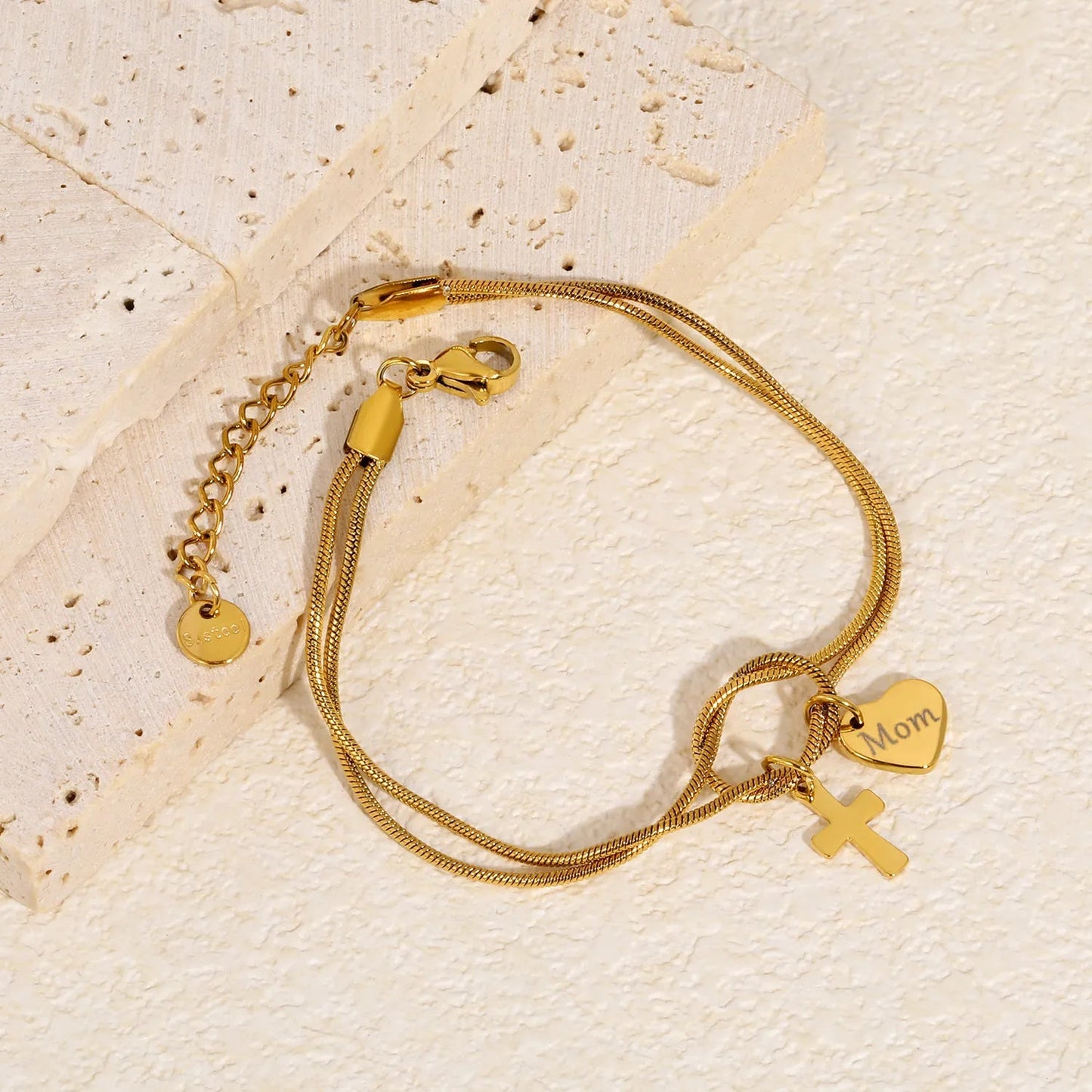 Mother's Day Knot Bracelet | 304L Steel Gold Cross Heart Mom Pendant