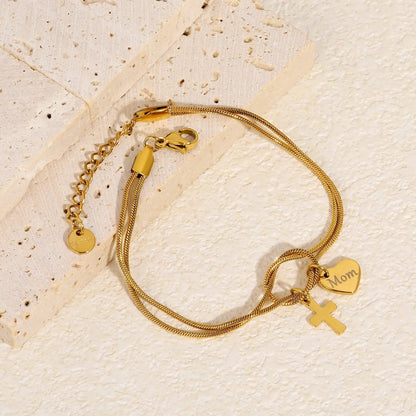 Mother's Day Knot Bracelet | 304L Steel Gold Cross Heart Mom Pendant
