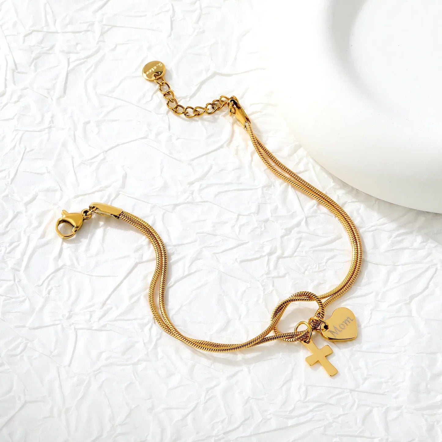 Mother's Day Knot Bracelet | 304L Steel Gold Cross Heart Mom Pendant