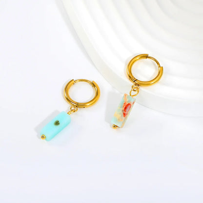Boho Forest Hexagonal Natural Stone Cylinder Dangle Latch Back Hoop Earrings