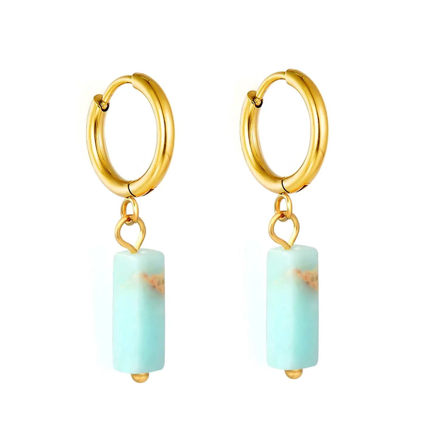 Boho Forest Hexagonal Natural Stone Cylinder Dangle Latch Back Hoop Earrings