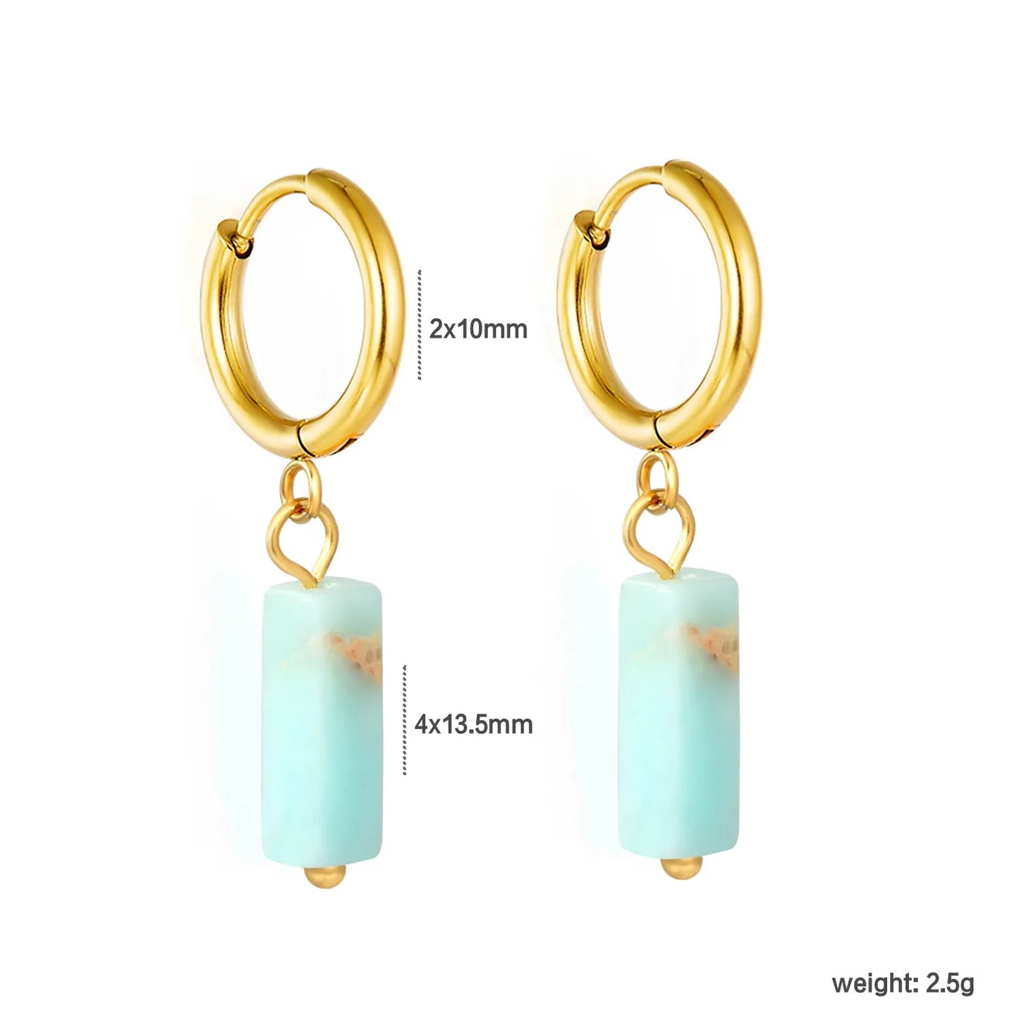 Boho Forest Hexagonal Natural Stone Cylinder Dangle Latch Back Hoop Earrings