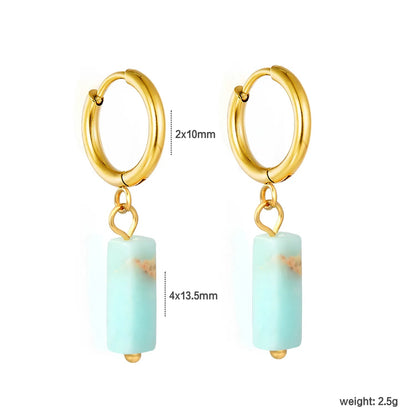 Boho Forest Hexagonal Natural Stone Cylinder Dangle Latch Back Hoop Earrings