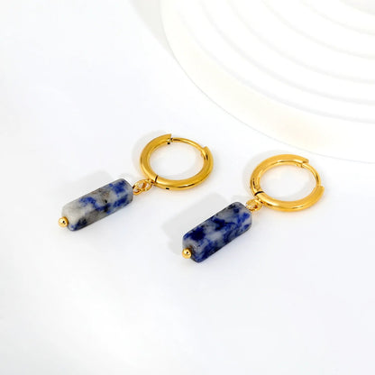 Boho Forest Hexagonal Natural Stone Cylinder Dangle Latch Back Hoop Earrings