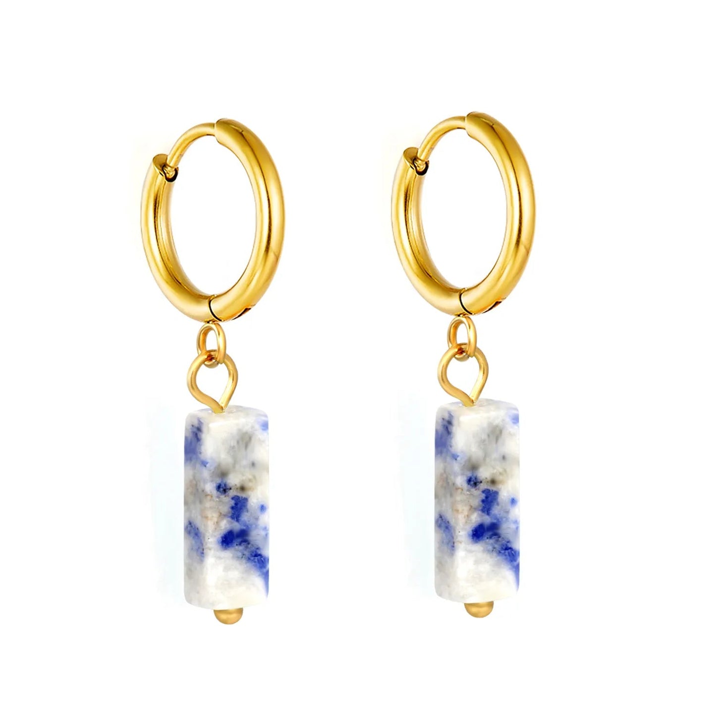 Boho Forest Hexagonal Natural Stone Cylinder Dangle Latch Back Hoop Earrings