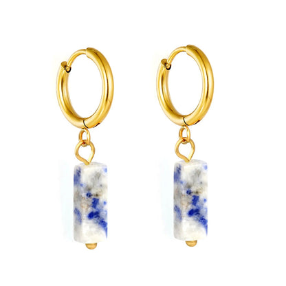 Boho Forest Hexagonal Natural Stone Cylinder Dangle Latch Back Hoop Earrings
