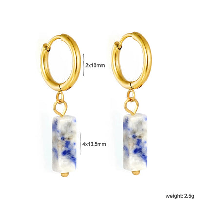 Boho Forest Hexagonal Natural Stone Cylinder Dangle Latch Back Hoop Earrings