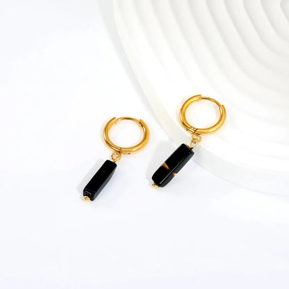 Boho Forest Hexagonal Natural Stone Cylinder Dangle Latch Back Hoop Earrings
