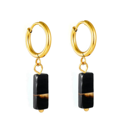 Boho Forest Hexagonal Natural Stone Cylinder Dangle Latch Back Hoop Earrings