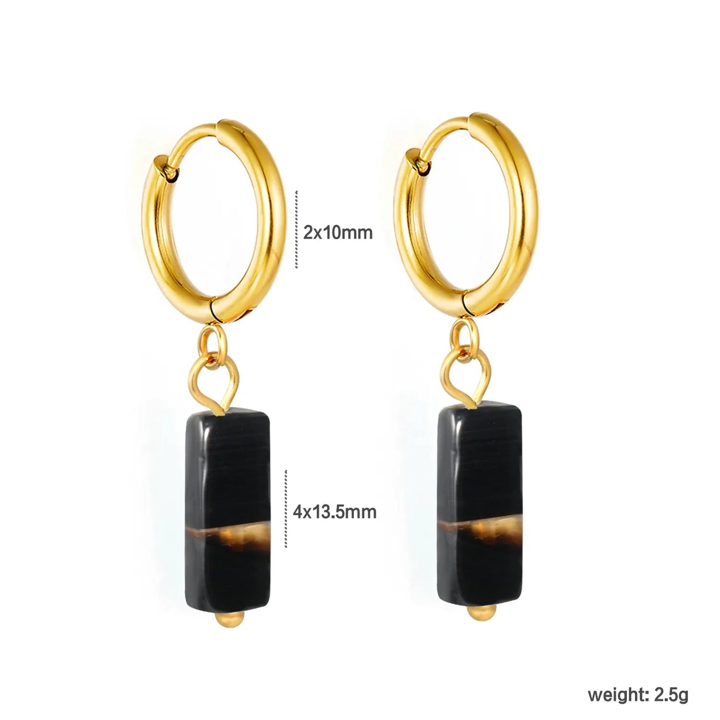 Boho Forest Hexagonal Natural Stone Cylinder Dangle Latch Back Hoop Earrings