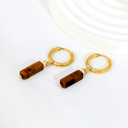 Boho Forest Hexagonal Natural Stone Cylinder Dangle Latch Back Hoop Earrings