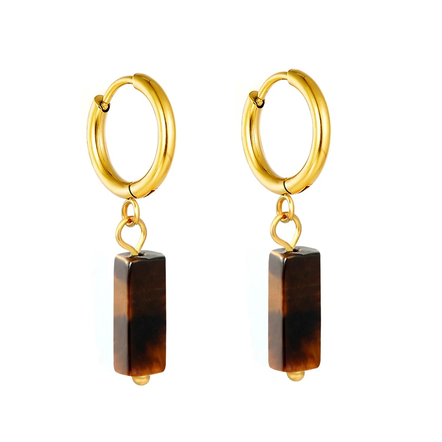 Boho Forest Hexagonal Natural Stone Cylinder Dangle Latch Back Hoop Earrings