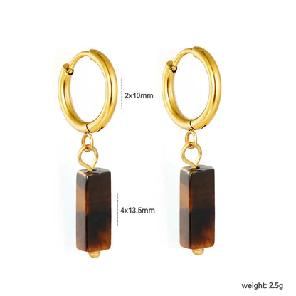 Boho Forest Hexagonal Natural Stone Cylinder Dangle Latch Back Hoop Earrings