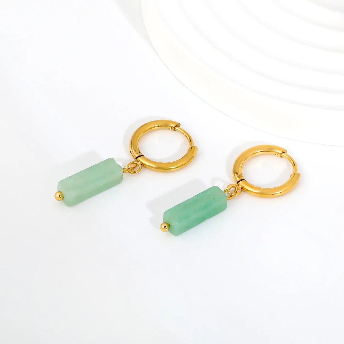 Boho Forest Hexagonal Natural Stone Cylinder Dangle Latch Back Hoop Earrings