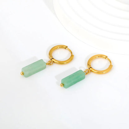 Boho Forest Hexagonal Natural Stone Cylinder Dangle Latch Back Hoop Earrings