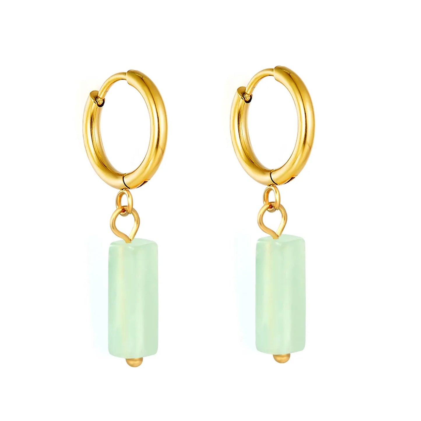 Boho Forest Hexagonal Natural Stone Cylinder Dangle Latch Back Hoop Earrings