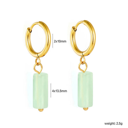Boho Forest Hexagonal Natural Stone Cylinder Dangle Latch Back Hoop Earrings