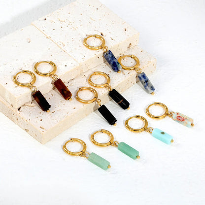 Boho Forest Hexagonal Natural Stone Cylinder Dangle Latch Back Hoop Earrings