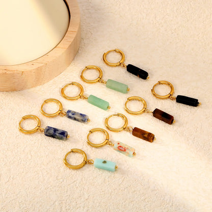 Boho Forest Hexagonal Natural Stone Cylinder Dangle Latch Back Hoop Earrings