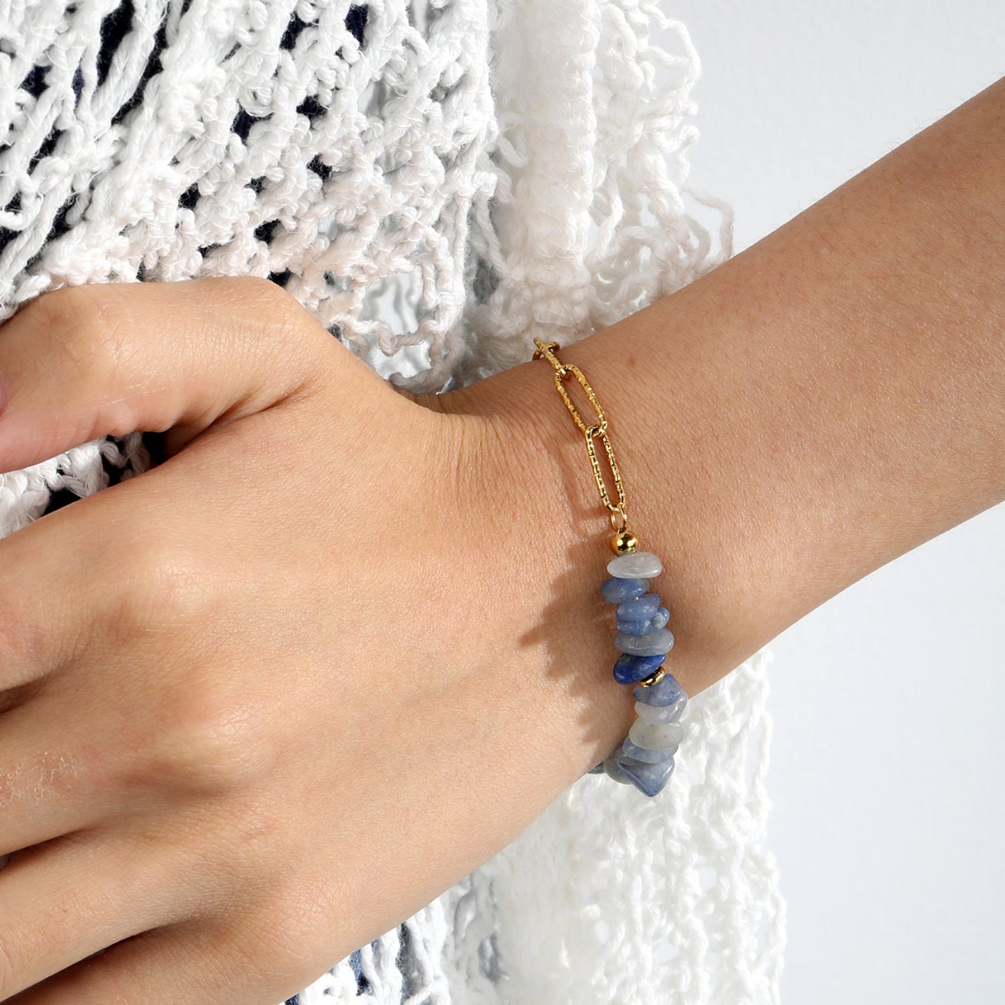 Natural Blue Gemstone Bracelet | Hypoallergenic 304L Steel Gold Boho Style