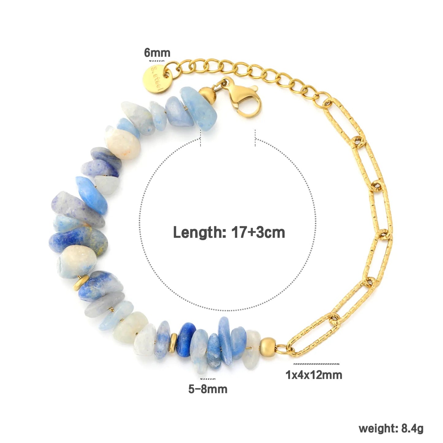 Natural Blue Gemstone Bracelet | Hypoallergenic 304L Steel Gold Boho Style
