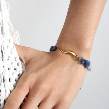 Natural Blue Sodalite Stainless Steel Wave Bar Bracelet