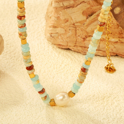 Natural Stone & Baroque Pearl Stainless Steel Necklace