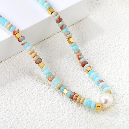 Natural Stone & Baroque Pearl Stainless Steel Necklace