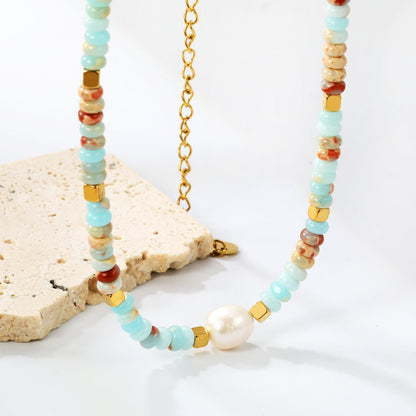 Natural Stone & Baroque Pearl Stainless Steel Necklace