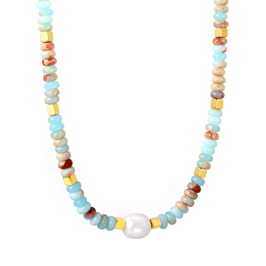Natural Stone & Baroque Pearl Stainless Steel Necklace
