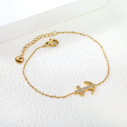 Nautical Anchor CZ Bracelet 304L Stainless Steel Gold Adjustable 17+3cm