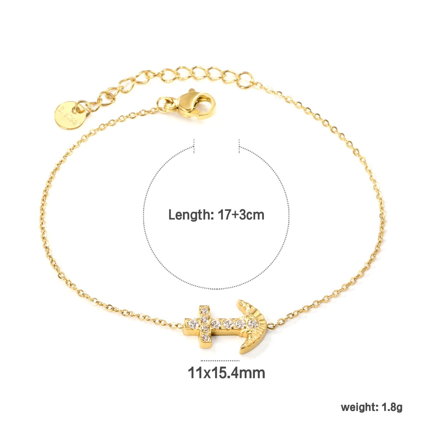 Nautical Anchor CZ Bracelet 304L Stainless Steel Gold Adjustable 17+3cm