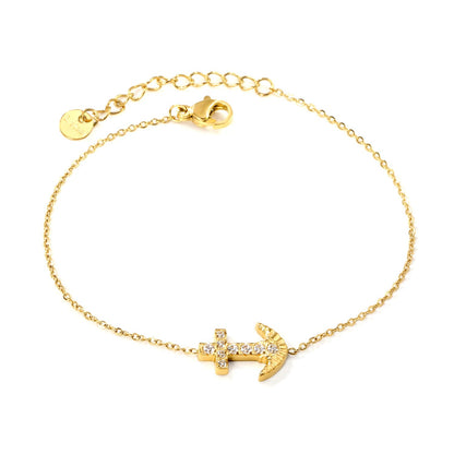 Nautical Anchor CZ Bracelet 304L Stainless Steel Gold Adjustable 17+3cm