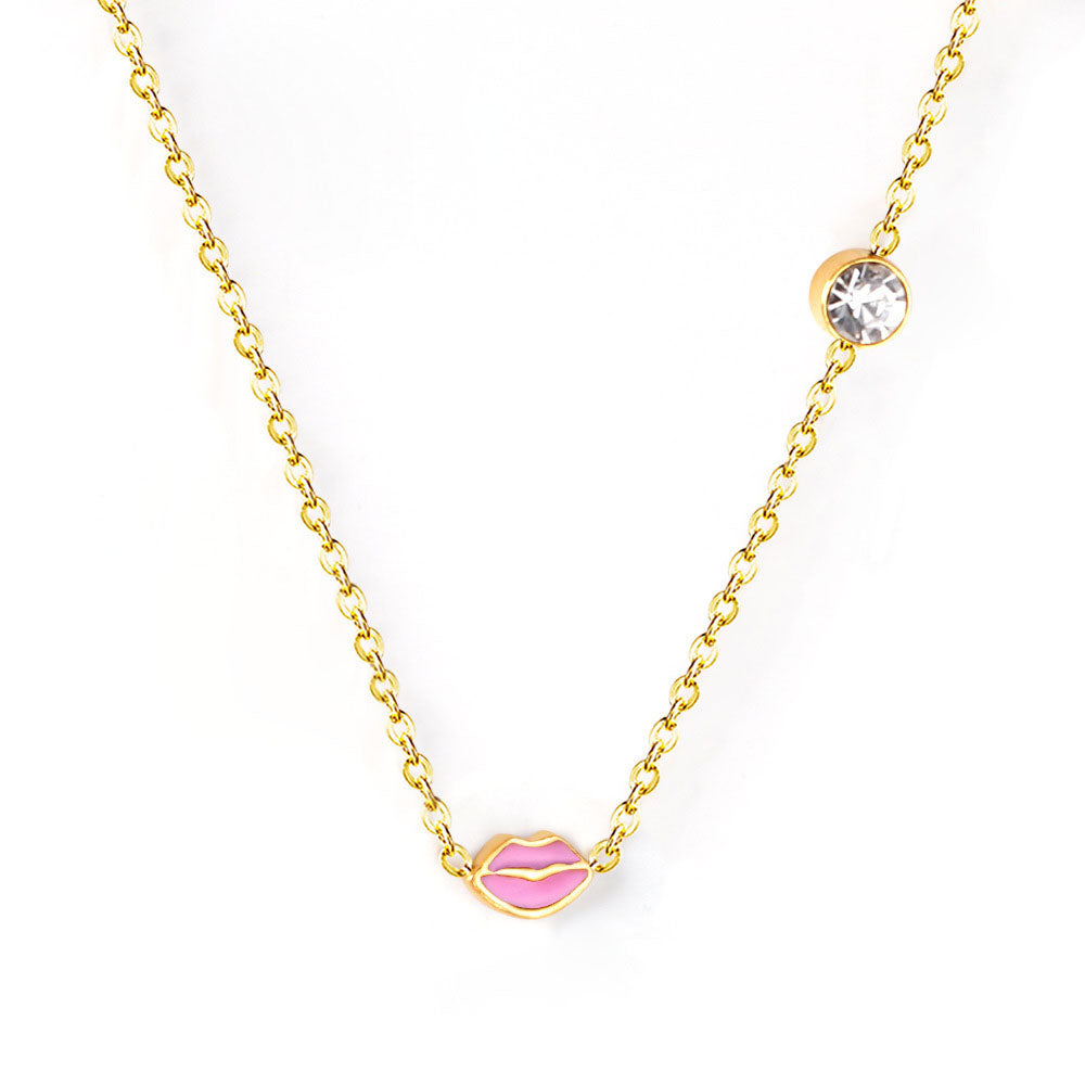 Statement Lip CZ Necklace for Women – 304L Steel Gold Plated Adjustable 45+5cm