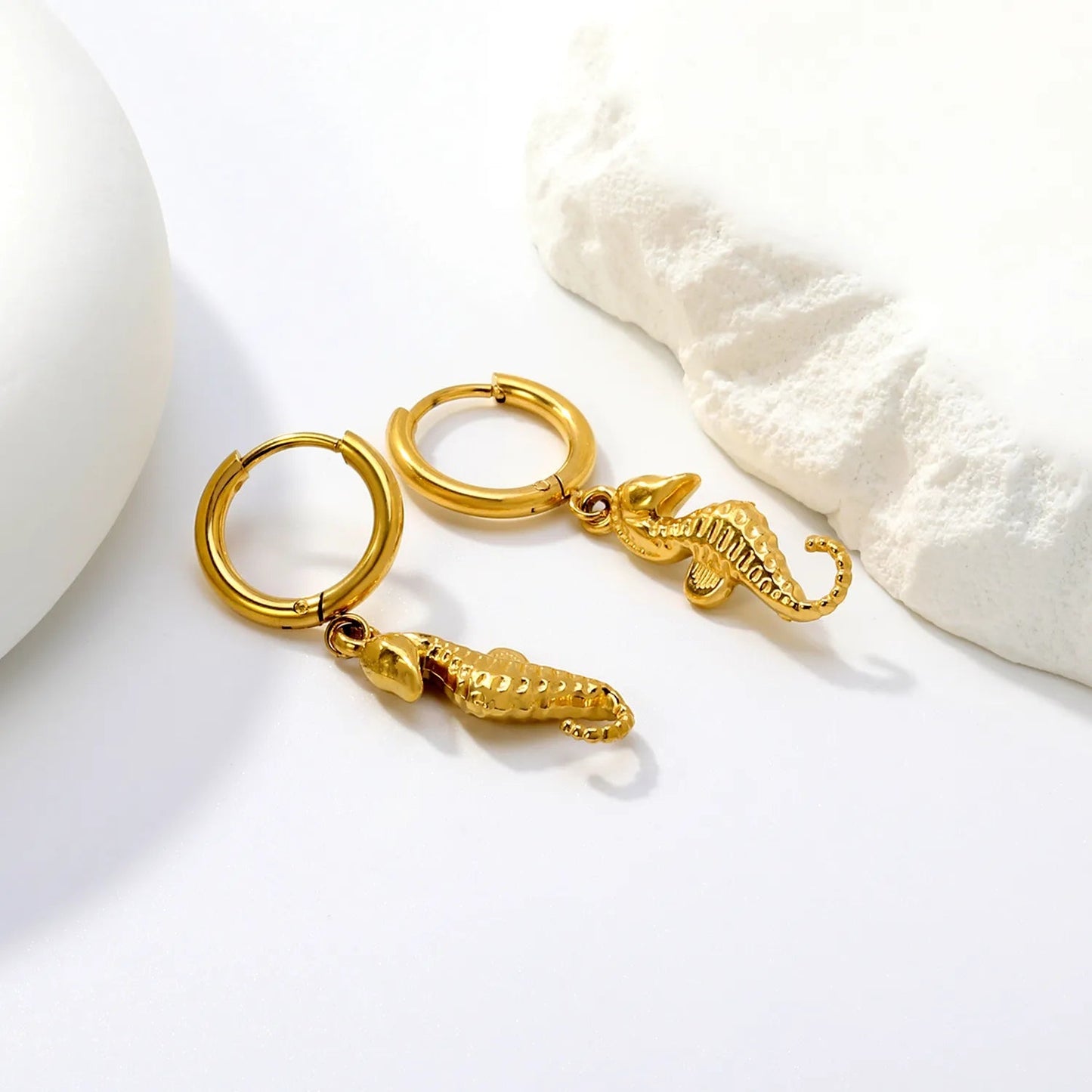 Ocean Inspired Seahorse Dangle Hoop Steel Earrings