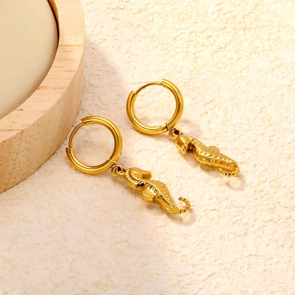 Ocean Inspired Seahorse Dangle Hoop Steel Earrings
