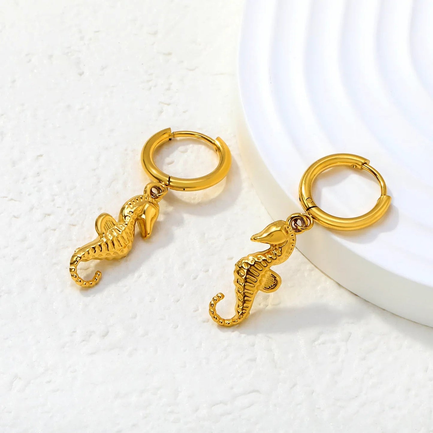 Ocean Inspired Seahorse Dangle Hoop Steel Earrings