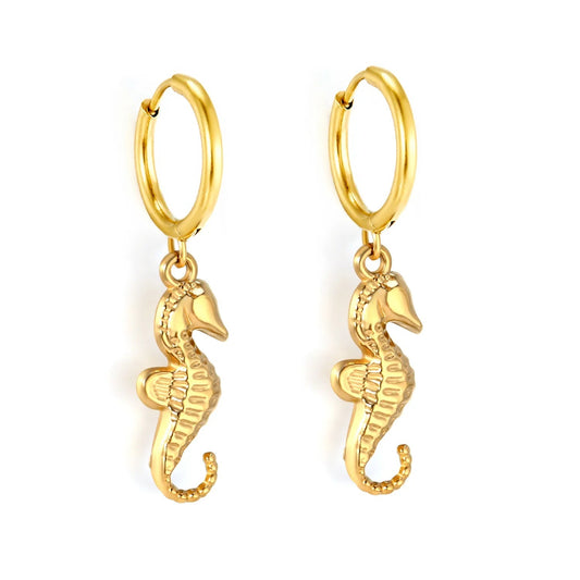 Ocean Inspired Seahorse Dangle Hoop Steel Earrings