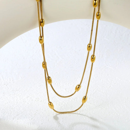Stainless Steel Gold Oval Bead Double-Layer Snake Bone Chain Necklace Jewelry Supplier