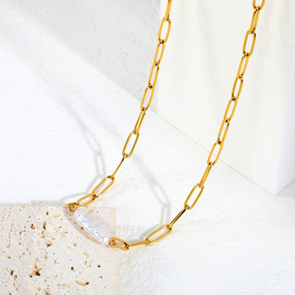304L Stainless Steel 7.3mm Width Paperclip Chain Real Baroque Pearl Necklaces