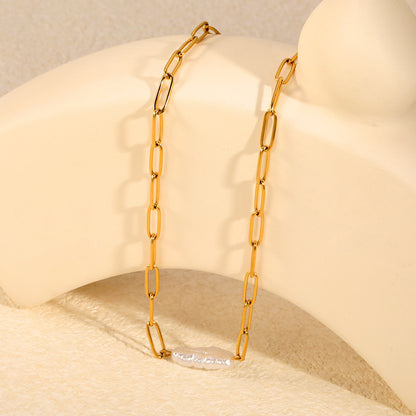304L Stainless Steel 7.3mm Width Paperclip Chain Real Baroque Pearl Necklaces