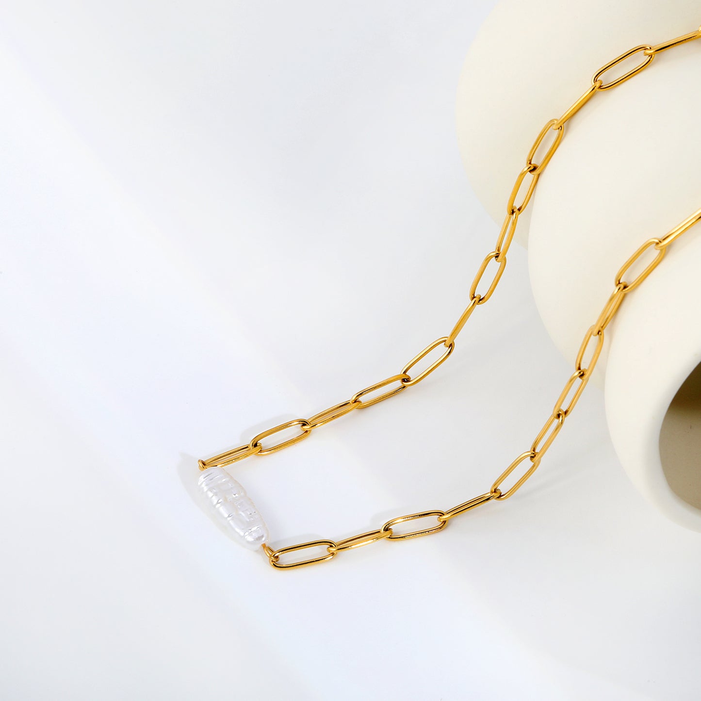 304L Stainless Steel 7.3mm Width Paperclip Chain Real Baroque Pearl Necklaces