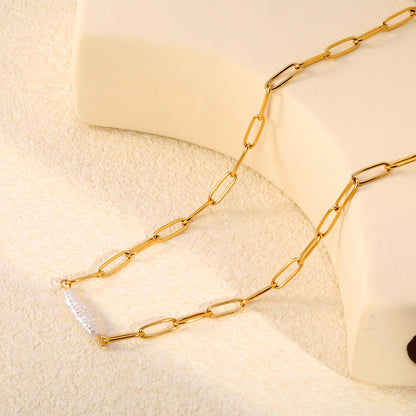 304L Stainless Steel 7.3mm Width Paperclip Chain Real Baroque Pearl Necklaces