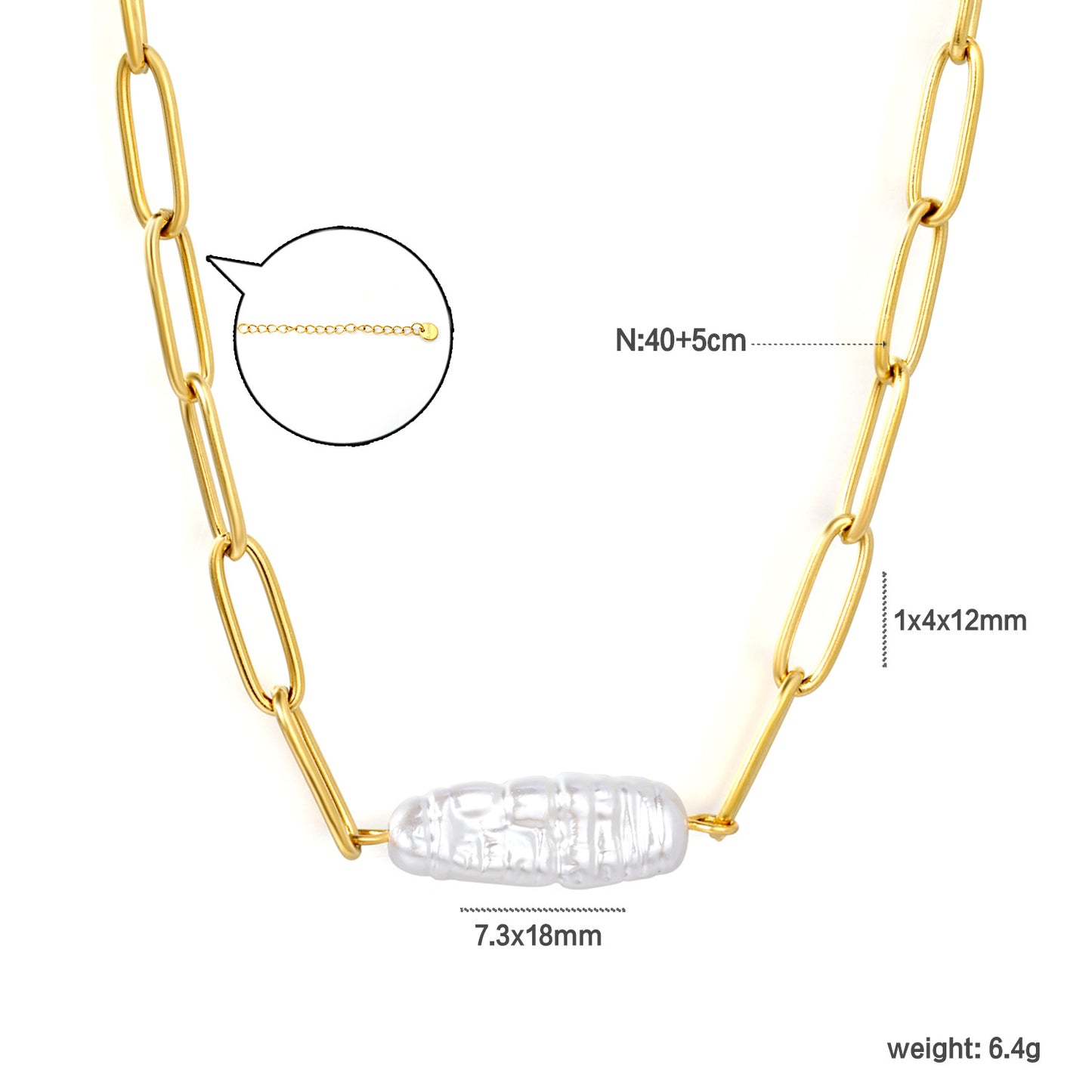 304L Stainless Steel 7.3mm Width Paperclip Chain Real Baroque Pearl Necklaces