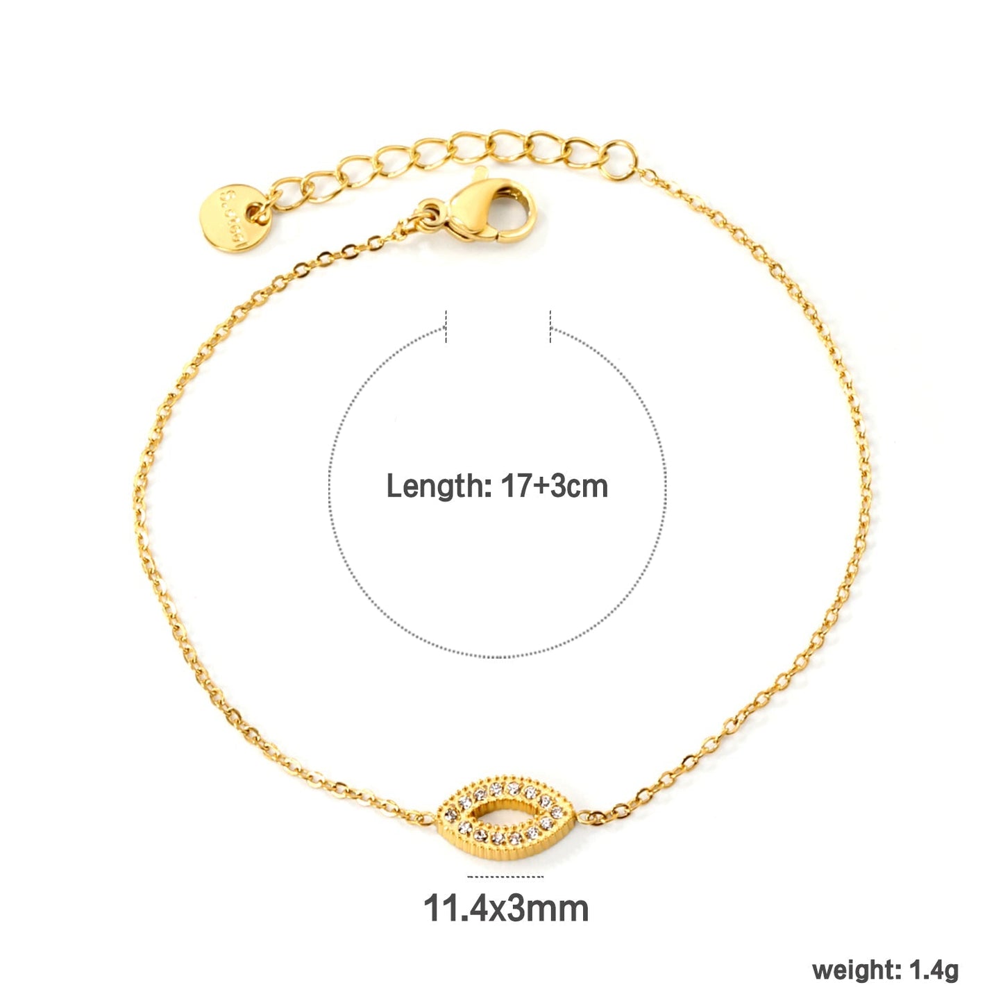 Protective Evil Eye CZ Bracelet 304L Stainless Steel Gold Adjustable 17+3cm