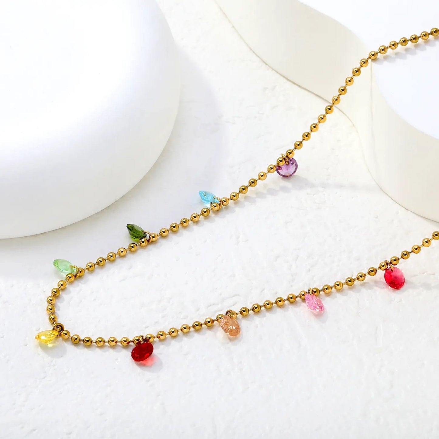 Rainbow Crystal Teardrop Stainless Steel Bead Chain Necklace
