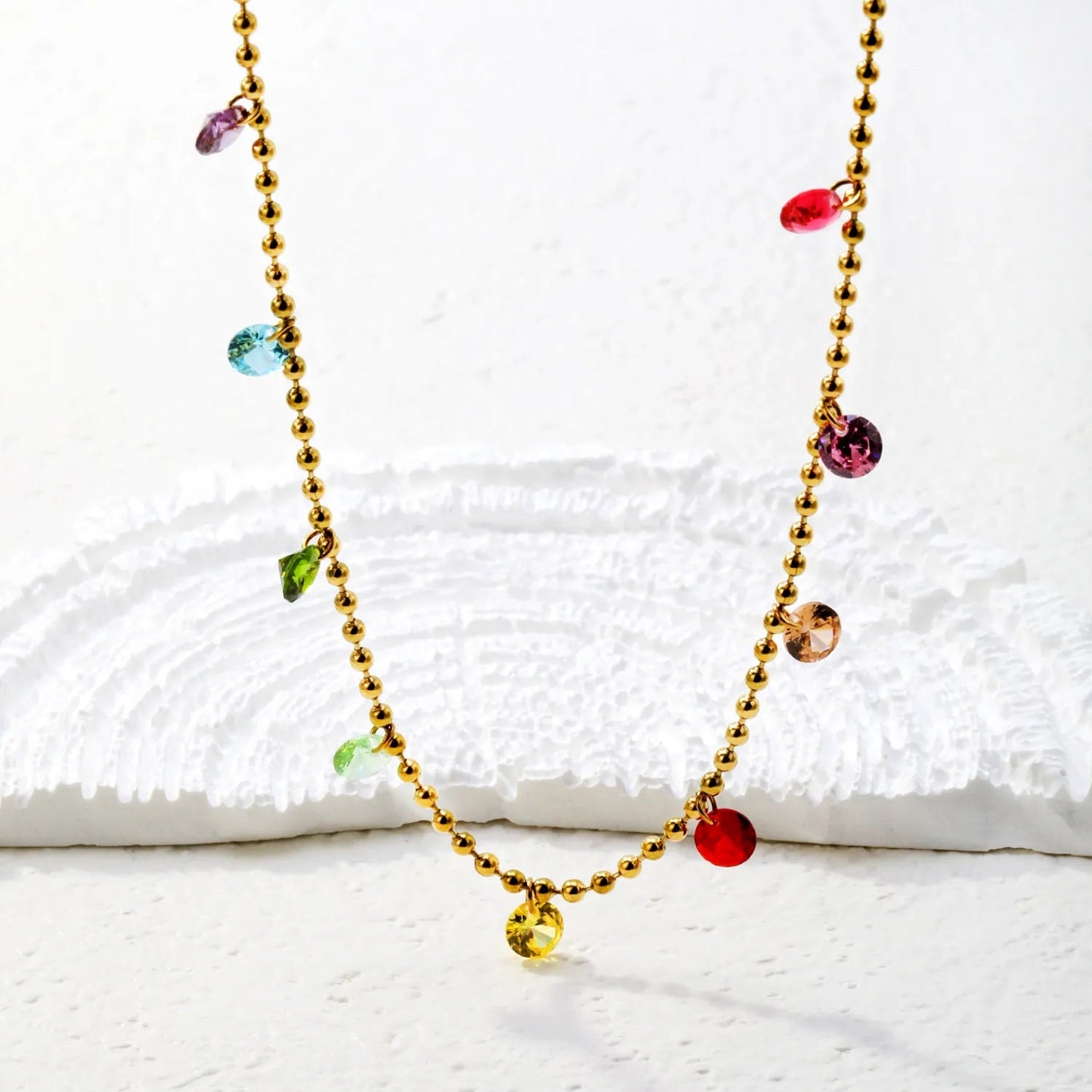 Rainbow Crystal Teardrop Stainless Steel Bead Chain Necklace